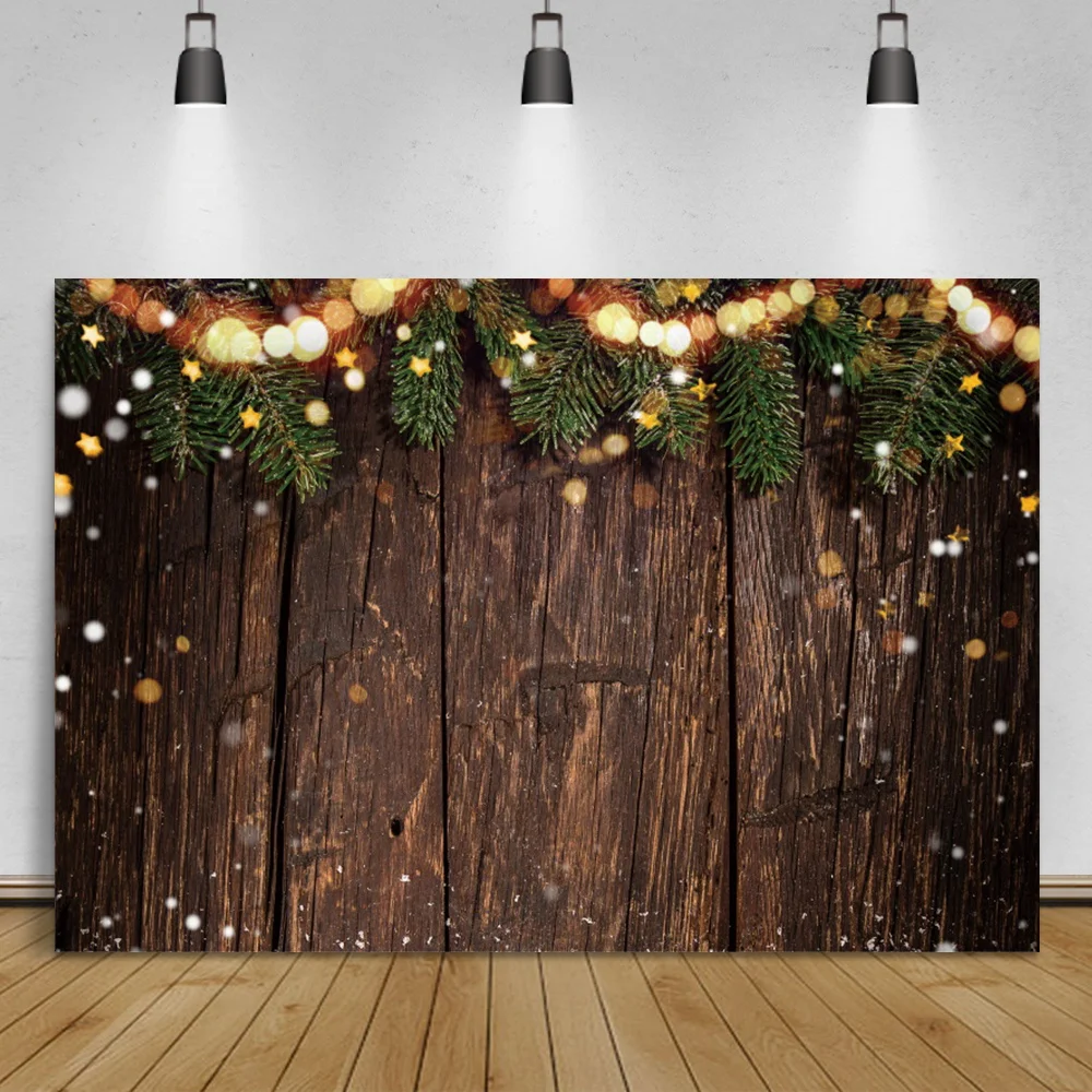 

Laeacco Old Wooden Boards Backdrop For Photography Christmas Pine Leaves Star Light Bokeh Toys Child Photocall Background Banner
