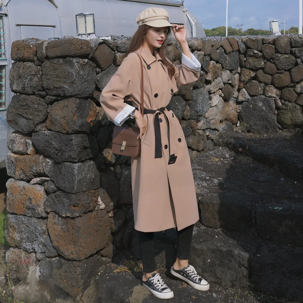 

Photo Shoot 2019 Autumn New Style Korean-style Coat Women's Vintage CHIC-Style Waist Hugging Lace-up Double Breasted Mid-length