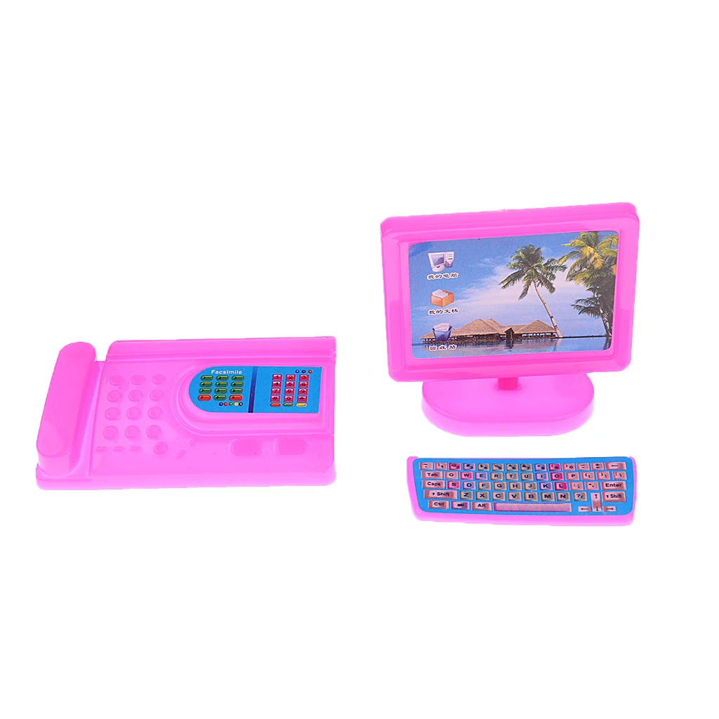 Set of 3PCS Minitor Stand Keyboard Miniature Computer Set FOR  Dolls Educational Study Supplies Pink