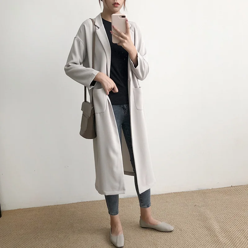 Women Autumn Korean Style Long Trench Coats Casual Solid Pocket Single Button Loose Overcoats Outwear Tops WDC3974