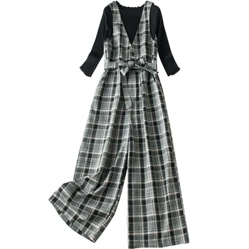 

fashion woman Long sleeve printed bottoming shirt lattice bib wide-leg pants suits autumn spring clothing set