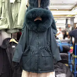 Женское хлопковое пальто, зимнее, новое, натуральный меховой воротник, с капюшоном, плюшевое и утолщенное, с поясом, длинное пальто для