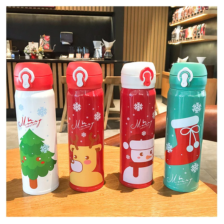 500ml Christmas Thermos Small Fresh Stainless Steel Vacuum Water Bottle  with Lid Lovely Christmas Straight Art Student Water Cup