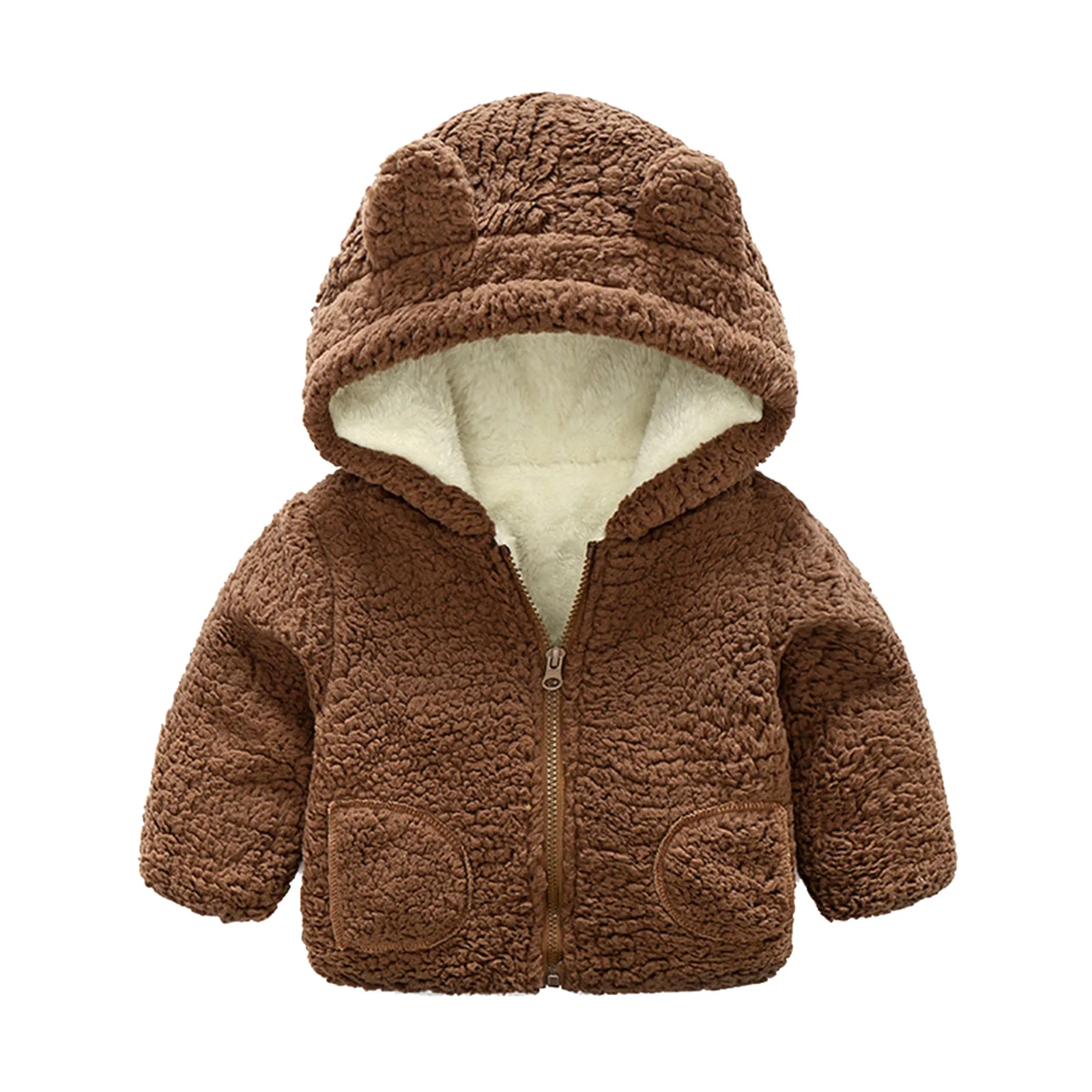 

(3M-24M) Children's long-sleeved plush padded hooded warm coat, fleece and windproof winter coat padded warm coat F4*