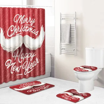 

Christmas Shower Curtain Mat Combination Four-Piece Set Bathroom Toilet Carpet Shower Room Mat Mat Cross-Border Hair