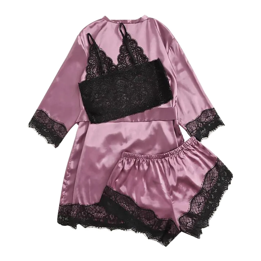 Pizama Satyna 3PCs Women Lace Satin Patchwork Pajama Set Robe Wireless Bra Camisole Shorts Purple Bow Sleepwear Elegant Tie Up#D