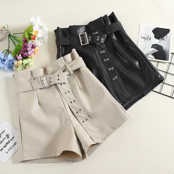 

Pu Leather Wide-legged Shorts Autumn Winter Women High Waist Chic Ruffles With Belt Shorts Ladies Black Pu A-line Faxu