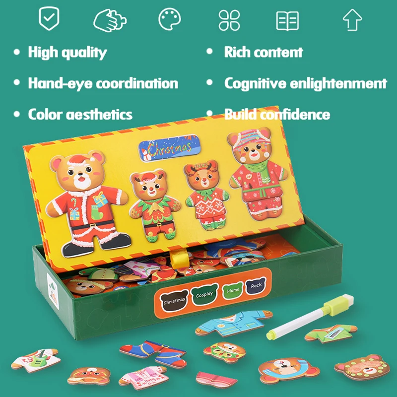 Christmas Bear Family Dress-Up Wooden Puzzles Toys Magnetic Jigsaw Change Clothes Sorting Matching Game Children Montessori Toys 3