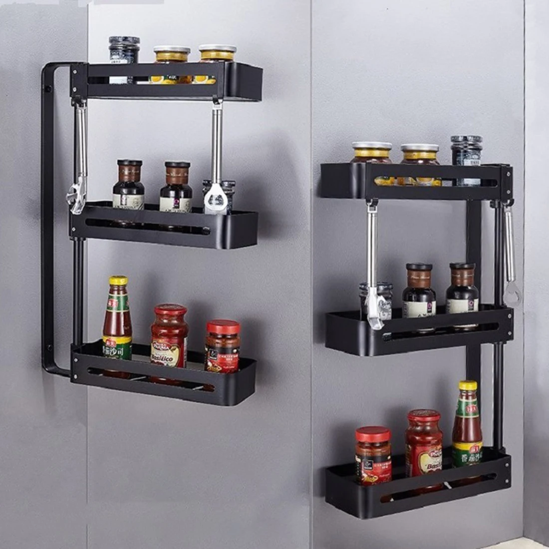 Hot 3 Tiers Kitchen Storage Rack Spice Cooker Shelf 180°Rotation Storage Rack Cabinet Organizer Shelves Kitchen Goods- Black