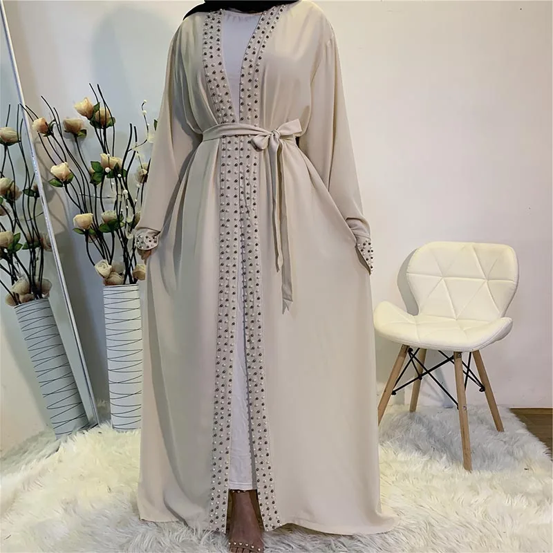Muslim Abayas for Women Islamic Fashion Pearls Kimono Robe Modest Dress Long Elegant Cardigans Clothing Front Open Abaya