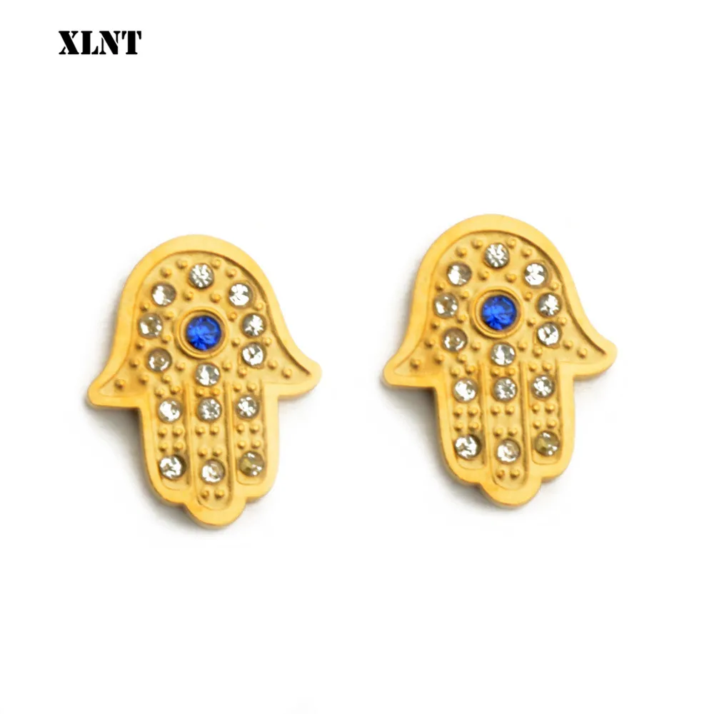 XLNT Cz Turkish Blue Eye Fatima Gold Color Stud Earrings for Women Boho Trend Exaggerate Ear Studs Stainless Steel Jewelry | Украшения и