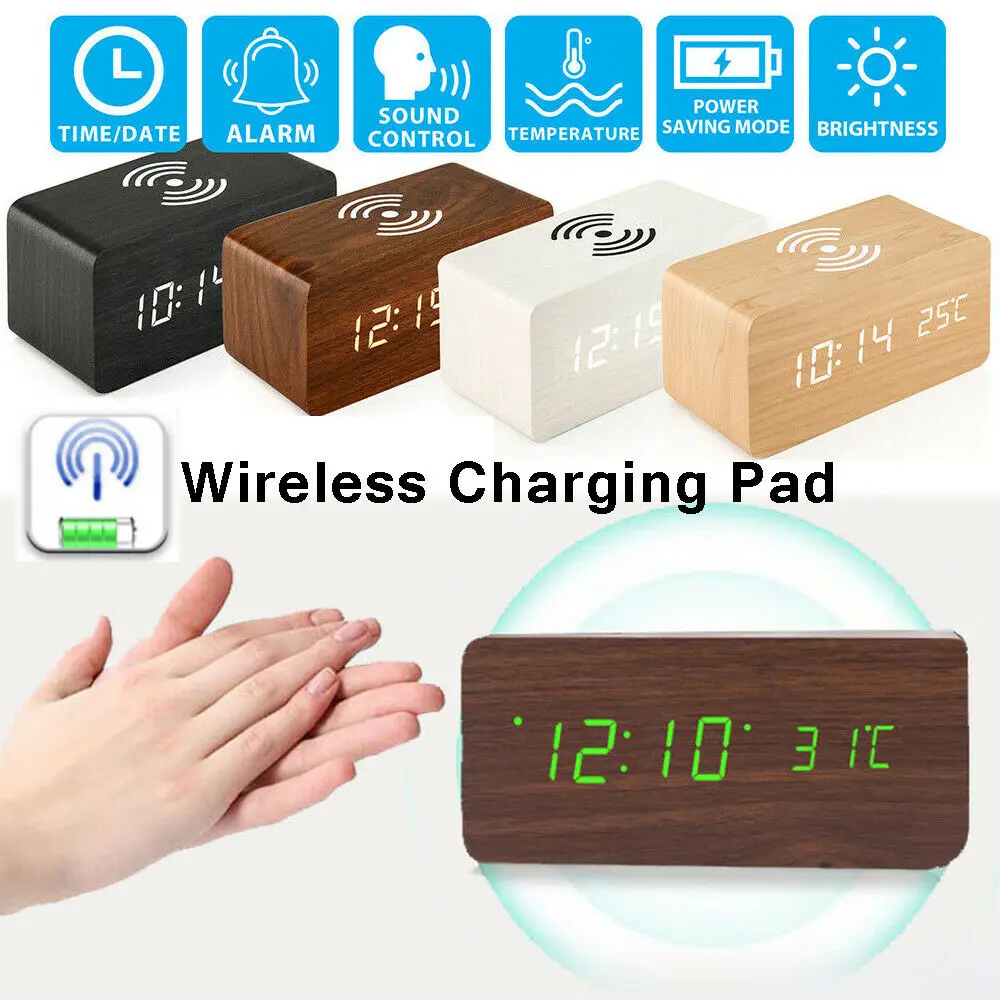 

4 Colors Modern Wood Digital LED Desk Alarm Clock Thermometer Qi Wireless Charger for Home Office