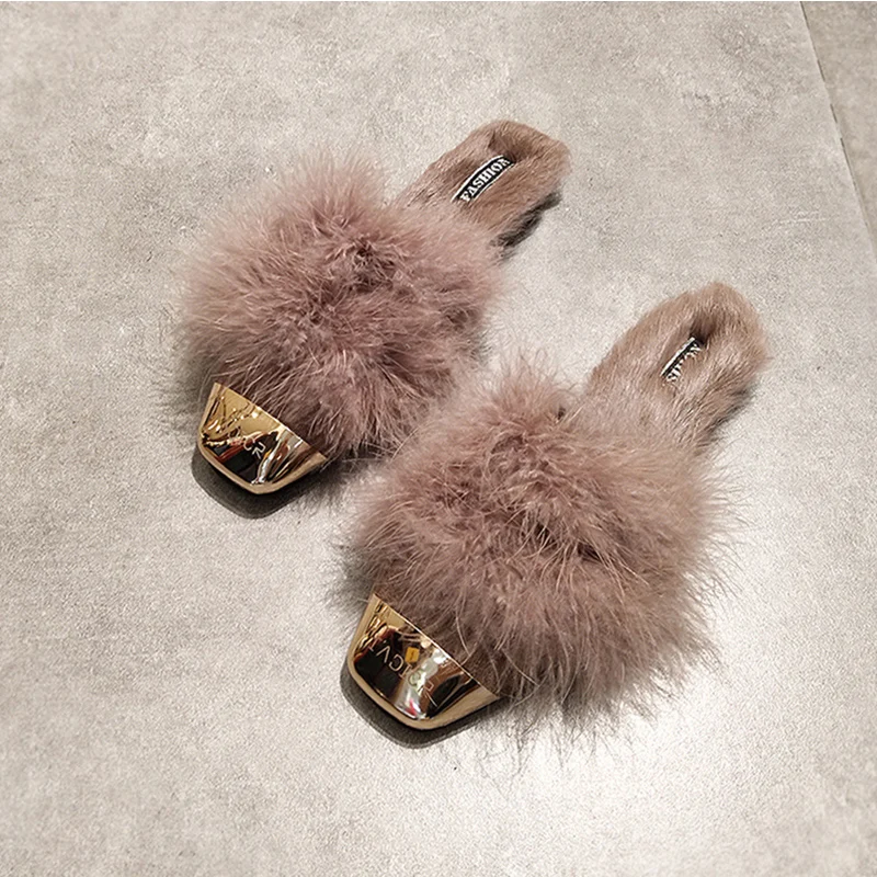 

Metal square closed toe mules shoes woman plush furry winter flats cotton slippers all match casual slides femme flip flops 2020
