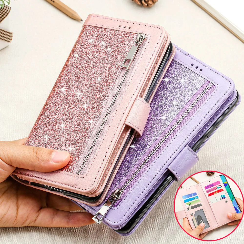 

LAPOPNUT for HUAWEI P30 Mate 20 Lite P20 Pro 9 Card Holder Folio Flip Glitter Leather TPU Zipper Wallet Case Money Pocket Cover