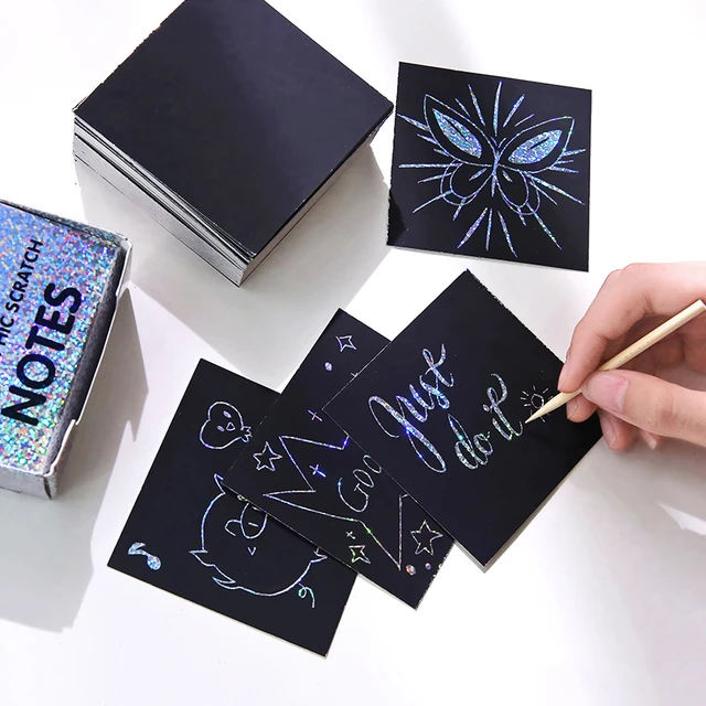 MOHAMM-Papier à gratter magique laser à paillettes noires, ensemble d'art  avec 2 stylets en bois pour bricolage, carte-cadeau pour enfants, 100  feuilles - AliExpress