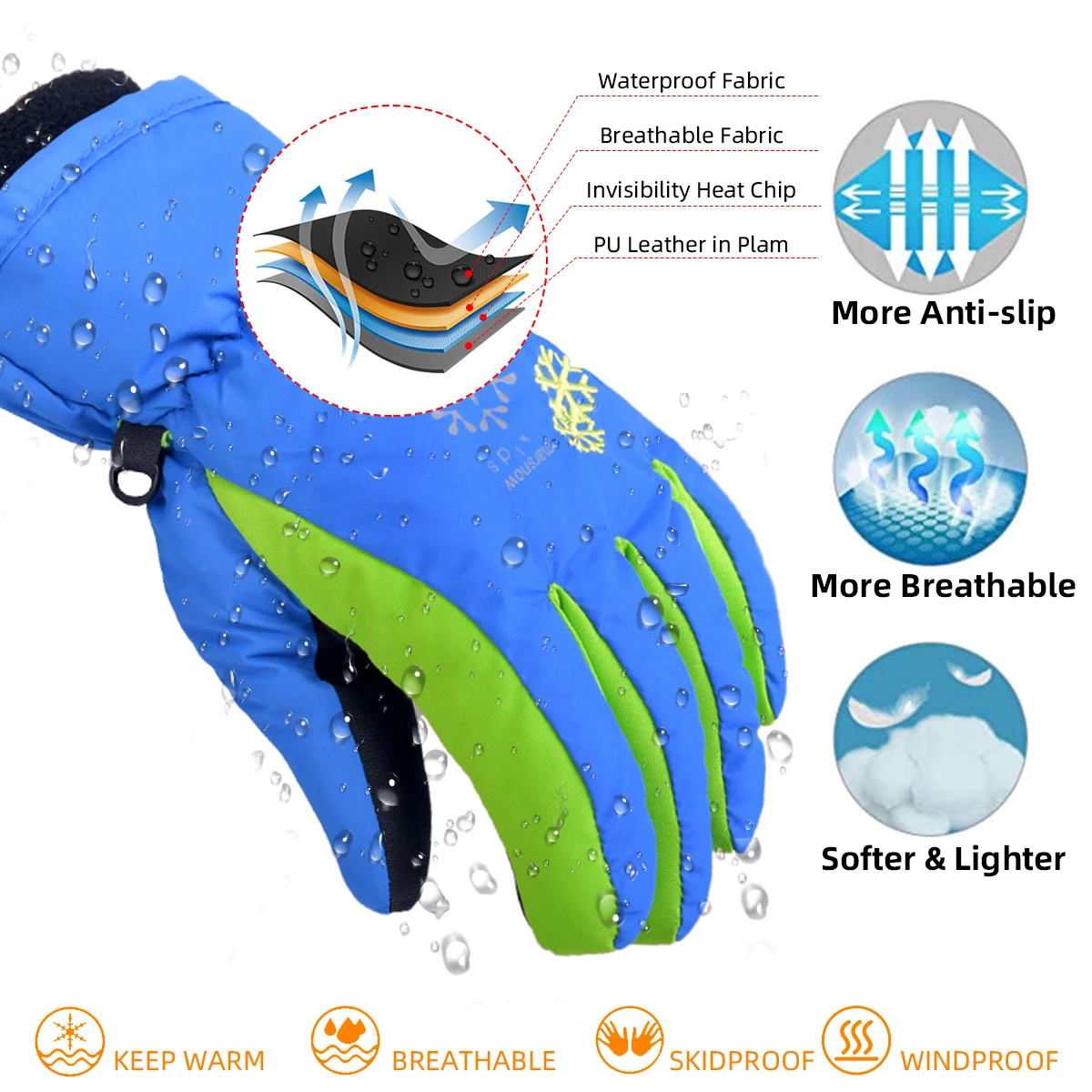 Puseky Children Kids Boys Girls Gloves Outdoor For Winter Warm Waterproof Windproof Thick Ski Glove Cartoon snowflake