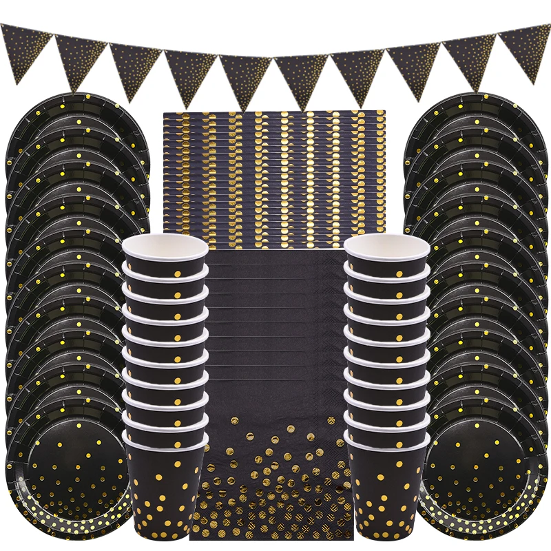 

61pcs Black Gold Dot Paper Plate Cup Napkin Disposable Party Tableware Set For Kids Birthday Wedding Party Decoration Supplies