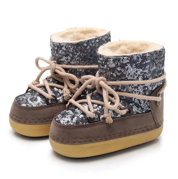 De niños de cuero genuino botas de nieve de invierno de 2019 niñas de lentejuelas zapatos de algodón chico Barco de bebé de terciopelo de algodón cálido botas - 1