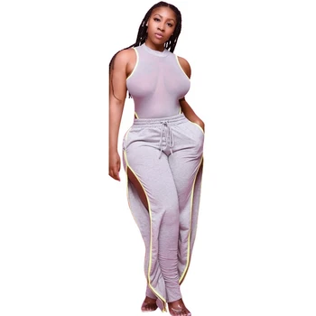 

Women Summer Tulle Mesh Patchwork Sexy Hollow Out Slit Pants 4XL 5XL Plus Size Two Piece Sets Lady Fashion Ruched Matching Set