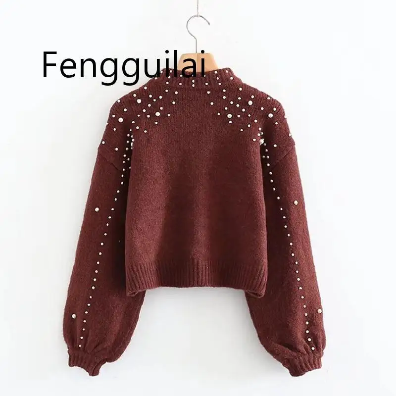 FENGGUILAI Pearl Turtleneck Autumn Winter Knitted Sweater Women Lantern Sleeve Loose Solid Pullover Girls Soft Warm Casual Jumpe FENGGUILAI Pearl Turtleneck Autumn Winter Knitted Sweater Women Lantern Sleeve Loose Solid Pullover Girls Soft Warm Casual Jumpe