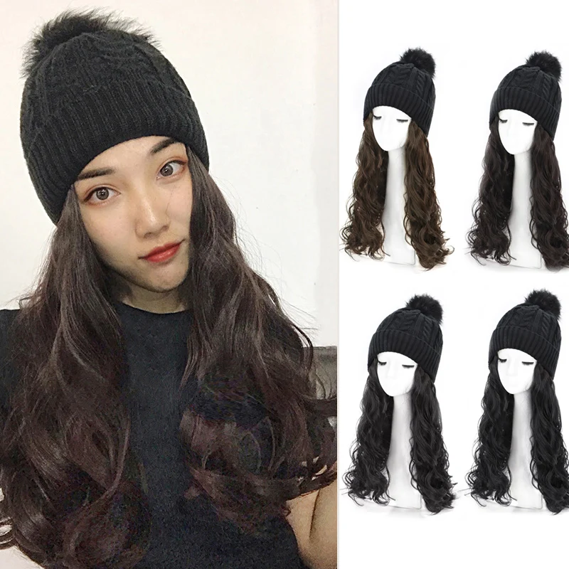 

New Winter Knit Hat Cap With Hair Wig Women Winter Warm Stretch Knitted Cap Quickly Change Hair Style Free Long Curly Hair 50CM