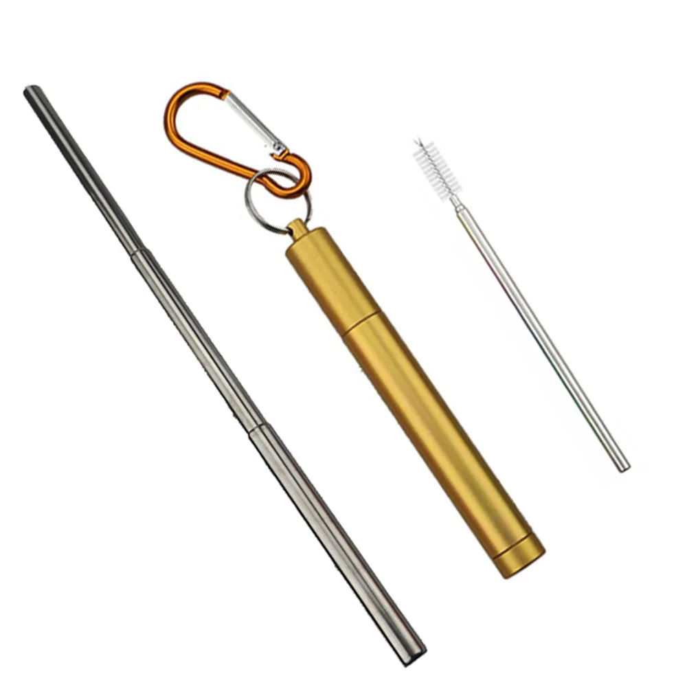 gold box silver Reusable Retractable Drinking Straws Portable 304 Stainless Steel Telescopic Straw Traveling Foldable Straw with Case and Brush - Цвет: gold box silver