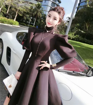 

Women's Dresses Commuter Temperament Puff Sleeve Slim Waist High Collar Long Sleeve A- Line Dress