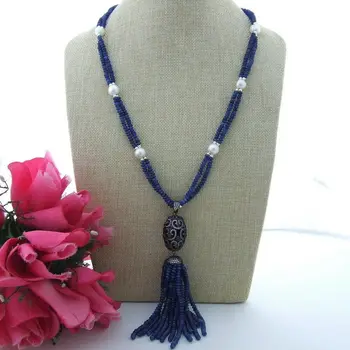 

25" 2Stands Round Pearl Blue Jade CZ Pendant Necklace
