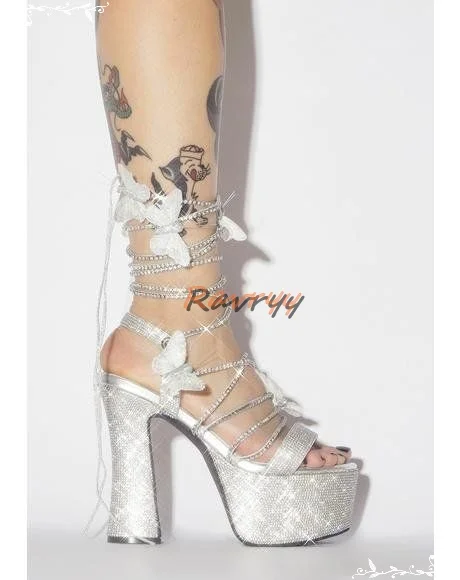 

Peep Toe Platform Chunky High Heels Cross Straps rhinestone Butterfly Women's Sandals Stylish Luxury Crystal Sandals 2022 New