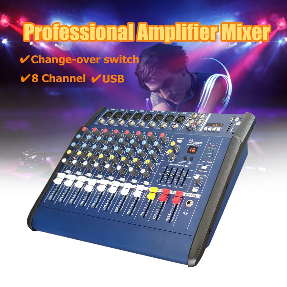 GAX-802D Professional 8 Channel Digital Audio Mixer Console Karaoke Microphone Sound Mixing Amplifier Built-in 48V Phantom Power