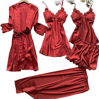 

Spring Summer Women's Pajama Sets 5 Piece Robe Sets Sleepwear Bathrobe Satin Robes Women Ice Silk Pajamas Lingerie Sexy Homewear