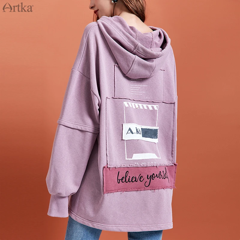  ARTKA 2019 Autumn New Women Hoodies Fashion Letter Embroidered Hoodies Long Loose Casual Pullover H