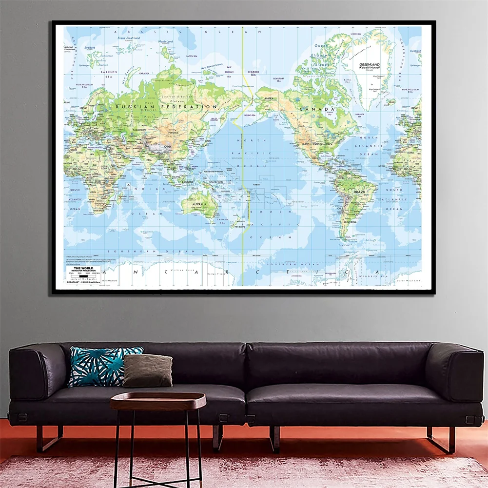 

60x90cm The World Mercator Projection Map HD Canvas Spray Painting For Living Room Wall Decor Painting