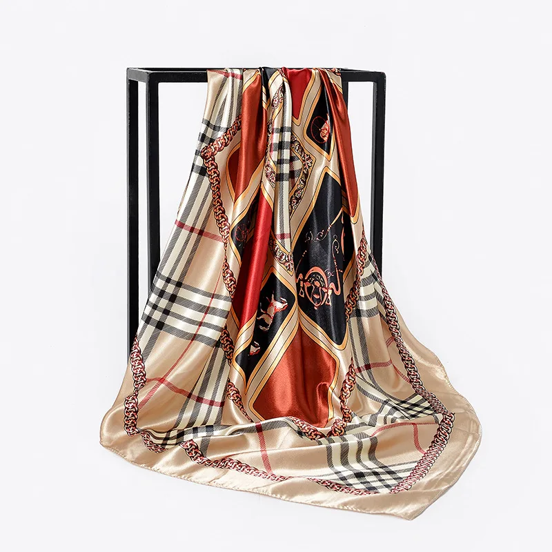 

New Style Imitated Silk Fabric Scarf 90cm Satin Plaid Bandana Versatile Scarf Factory Wholesale