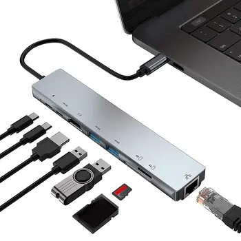 

8 in 1 Type C To HDMI Rj45 USB3.0 TF PD Hub Expansion Dock Plug And Play Aluminum Alloy Fast Heat Dissipation