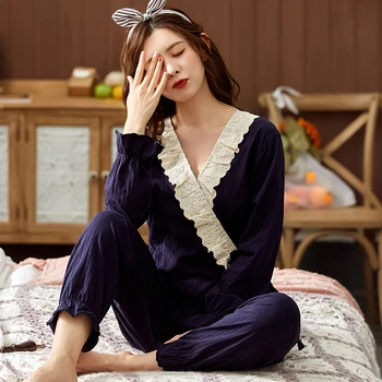 

Autumn Pajamas For Women Sleepwear Cotton Ladies Pajamas Set Long Sleeves+Pants Kimono Nightwear Cardigan Pyjama Homewear Pijama