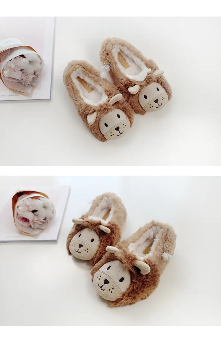 Suihyung Cute Animal Slippers Kids Winter Warm Home Slippers Children Soft Non-slip Indoor Floor Shoes Furry Lion Plush Slippers