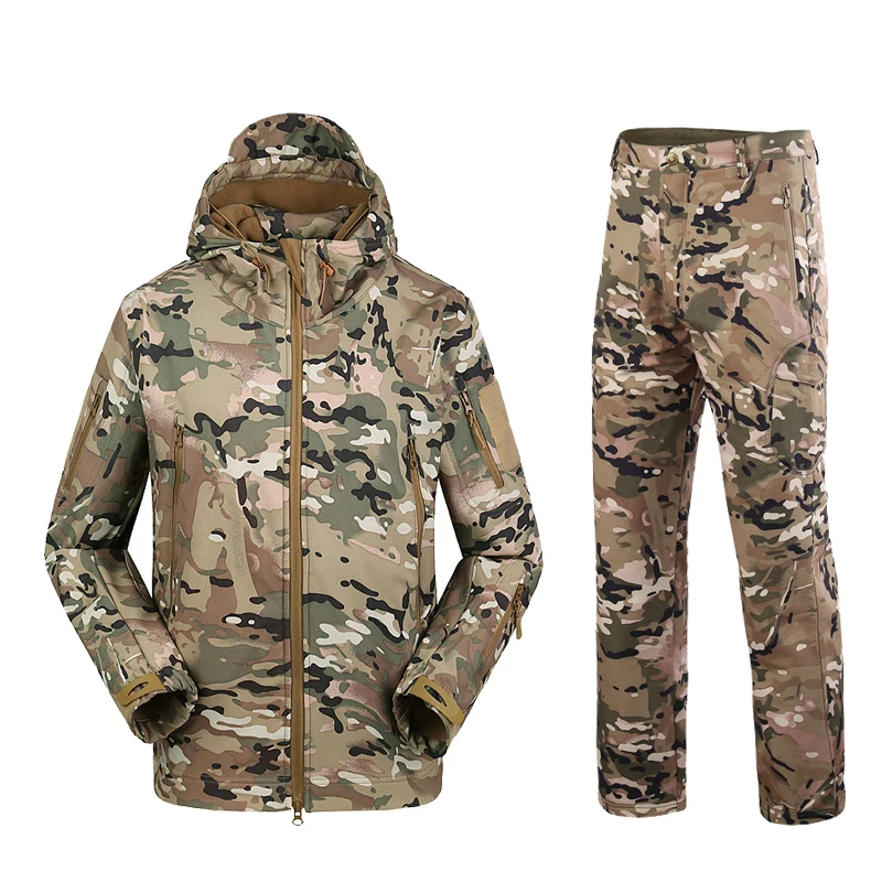 Military TAD Camo SoftShell Tactical Suits Shark Skin Waterproof Fleece Combat Sets Men Clothing Camping Hunting Suit AF05 | Спорт и