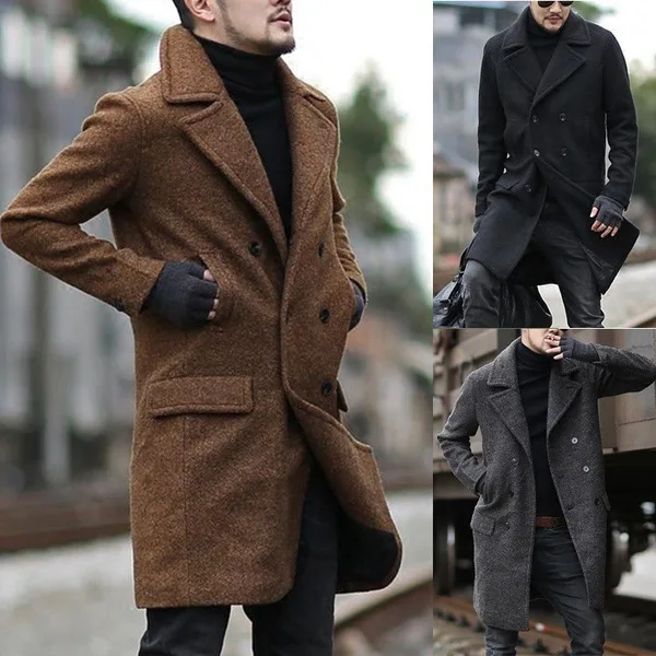 Men's dectable col en fourrure d'hiver épaissir Mélange Laine Trench long manteau chaud Parkas 
