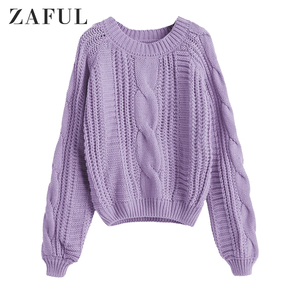 ZAFUL, Однотонный свитер с круглым вырезом, рукав реглан, вязаный свитер, длинный рукав, классические женские топы, свободные, полые, с закрученным узлом, пуловер, свитер