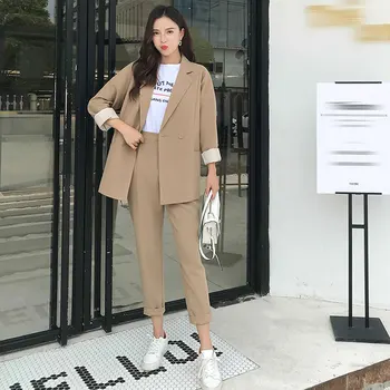 

Casual Solid Women Pant Suits Notched Collar Blazer & Pencil Pant Khaki Female Suit Autumn 2020 High Quality Two Piece Set