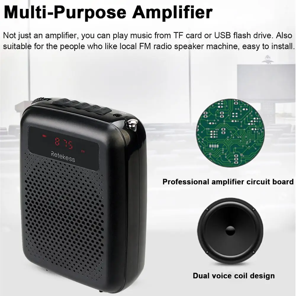 Amplificador de Voz Alto-falante com Mp3 Retekess Megaphone Portátil w fm Gravação Professor Microfone Player Gravador Rádio Pr16r 12 - Image 6