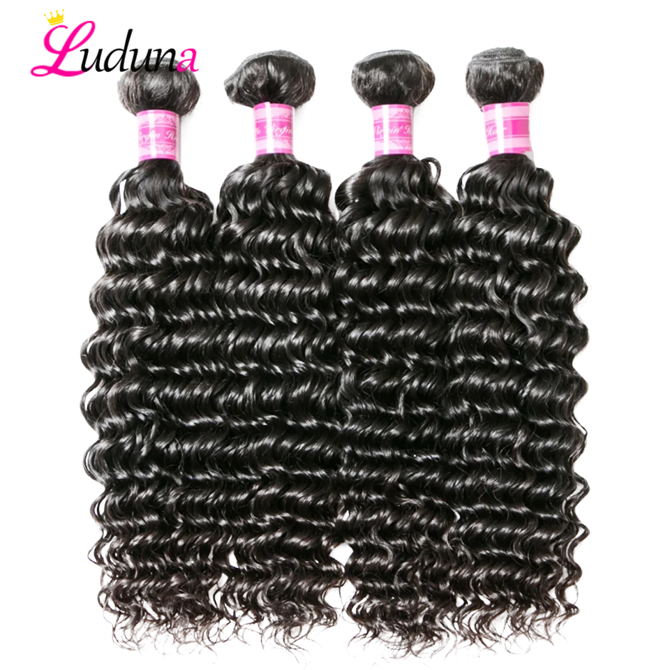 Luduna малазийские глубокие волнистые пряди 4 пряди натуральные кудрявые пучки волос супер двойные нарисованные волосы remy для наращивания натуральный черный цвет