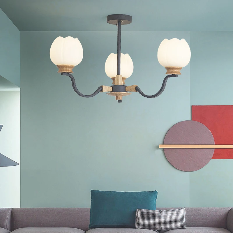 Buy  LED home improvement living room chandelier Nordic wood art macaron solid wood lamps bedroom study 