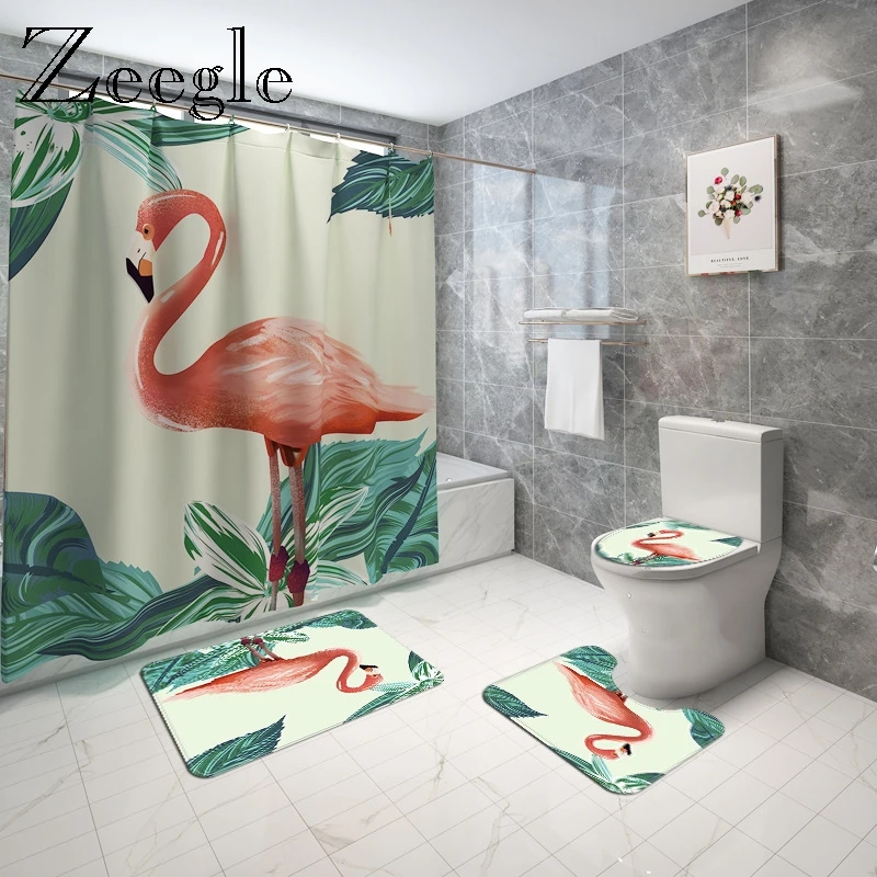 Animals Printed Bath Mat and Shower Curtain Set Anti Slip Toilet Seat Cover Mat Bathroom Floor Mat Absorbent Toilet Foot Carpet