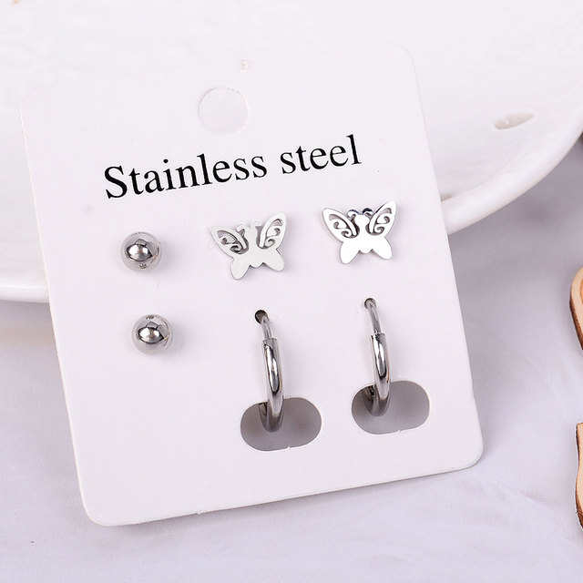 Jewelry Stainless Steel Star Heart Moon Cross Small Women Stud Earring Set Leaf Butterfly Earrings Mini Girls Earing