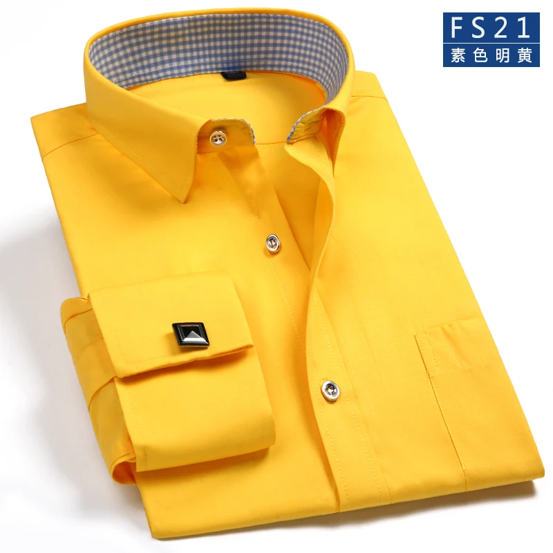 Мужская классическая Однотонная рубашка с французскими манжетами, формальная деловая Стандартная рубашка с длинными рукавами(запонки в комплекте - Цвет: 21
