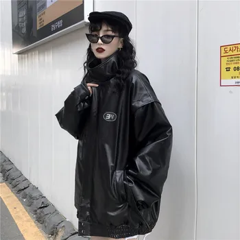 

Women Spring Winter HK Vintage Dark Style PU Motorcycle Jacket BF Loose Black Stand Collar Long Sleeve Female Casual Thick Coat
