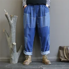 Сказочные натуральные женские свободные джинсовые штаны с эластичным поясом в стиле ретро, лоскутные брюки, весна-осень, женские повседневные длинные джинсы с карманами