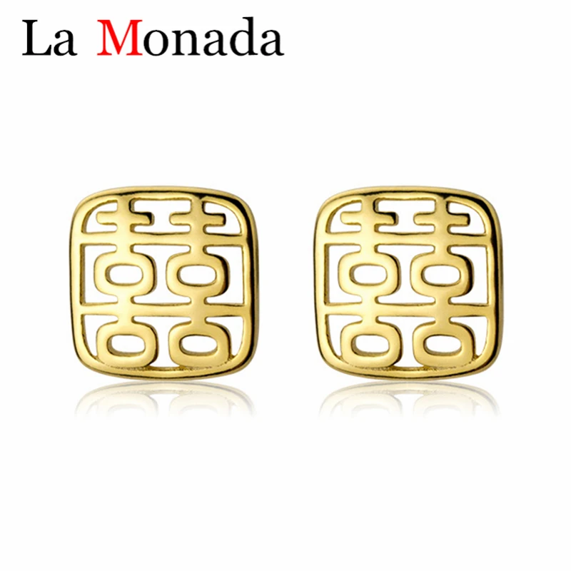

New Design 925 Sterling Silver China Culture Good Luck Hollow Chinese Xi Earrings Stud for Women Square Happy Jewelry